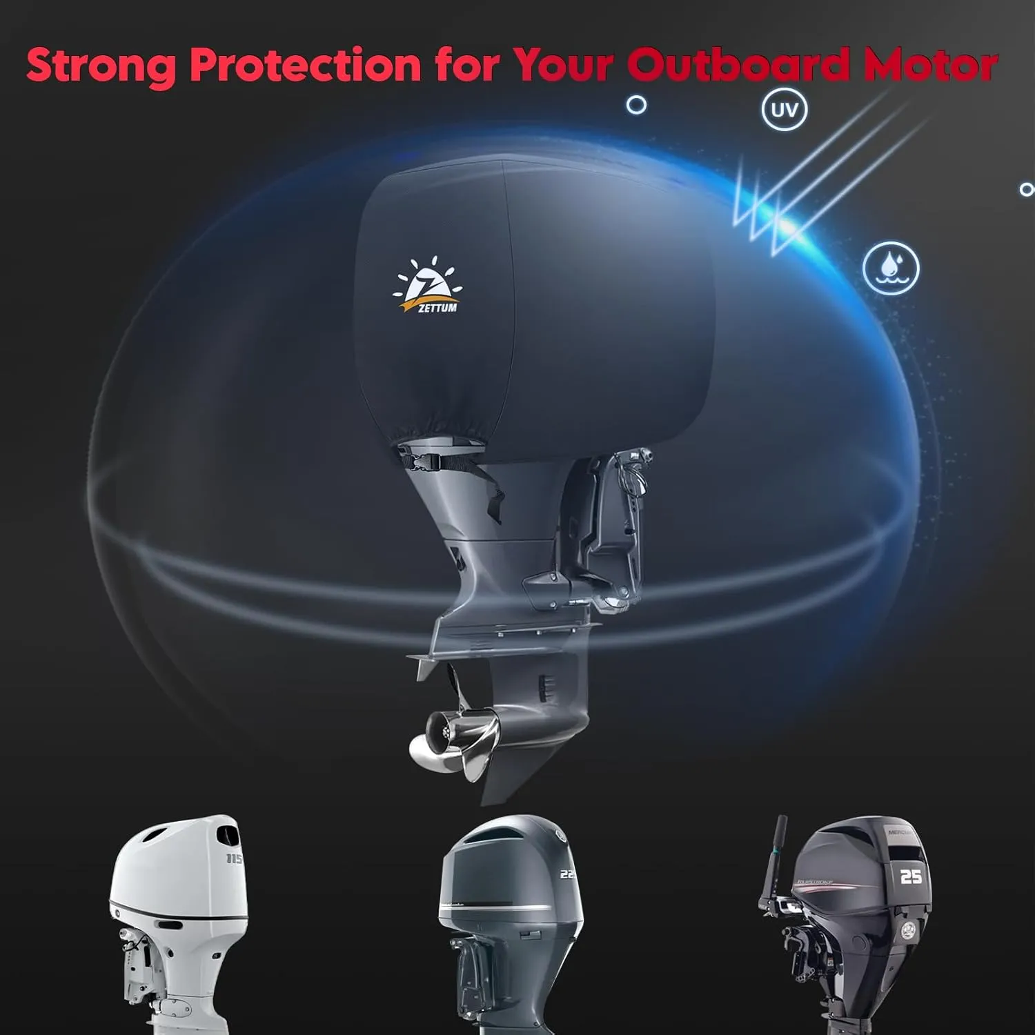 Outboard Motor Cover, 600D Boat Motor Cover Waterproof & Heavy Duty, Fade-Resistant Boat Engine Cover - Fit for Motor up to 25 HP, Black
