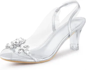 Perphy Peep Toe Flower Rhinestone Clear Chunky Heels Cinderella Glass Sandals for Women
