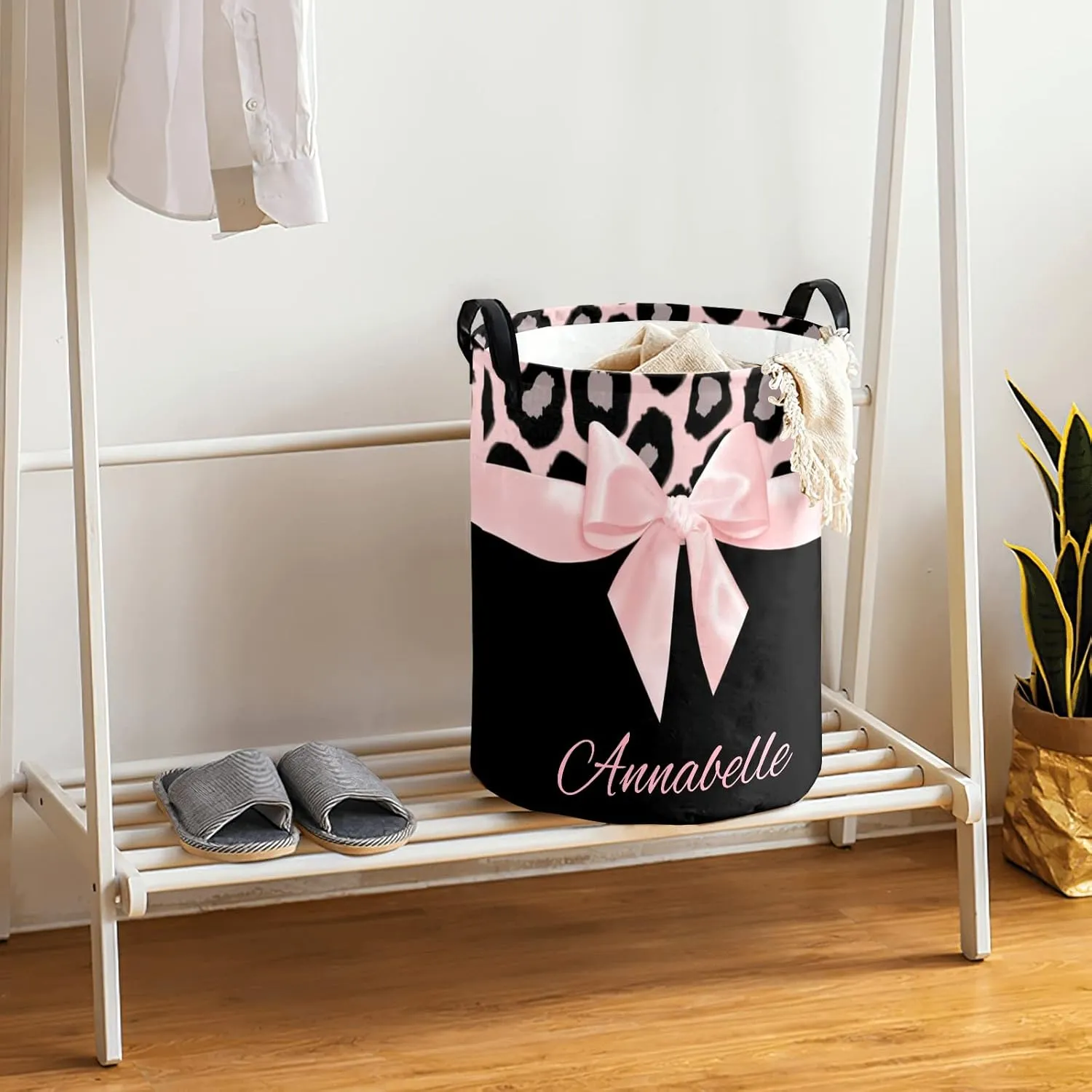 Pink Leopard Bow Personalized Waterproof Foldable Laundry Basket Bag with Handle, Custom Collapsible Clothes Hamper Storage Bin for Toys Laundry Dorm Travel Bathroom