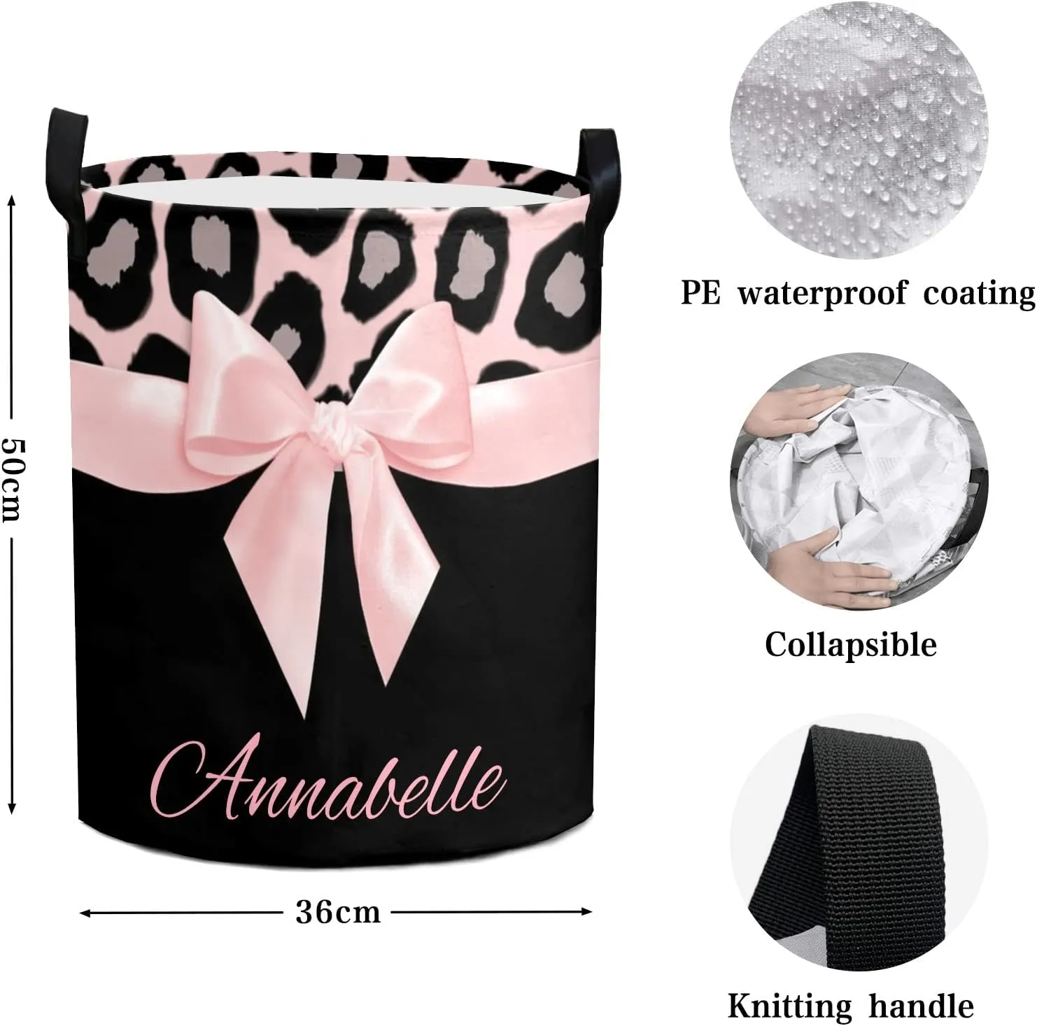 Pink Leopard Bow Personalized Waterproof Foldable Laundry Basket Bag with Handle, Custom Collapsible Clothes Hamper Storage Bin for Toys Laundry Dorm Travel Bathroom