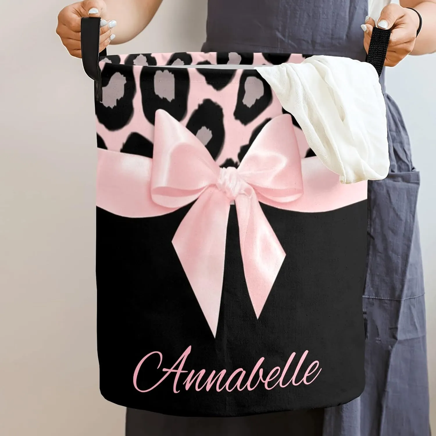 Pink Leopard Bow Personalized Waterproof Foldable Laundry Basket Bag with Handle, Custom Collapsible Clothes Hamper Storage Bin for Toys Laundry Dorm Travel Bathroom