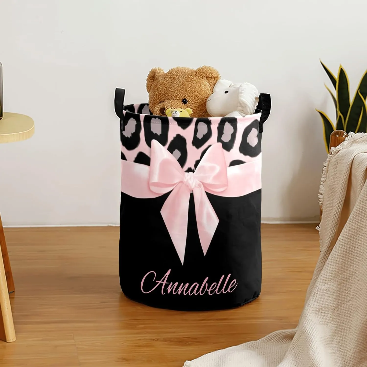 Pink Leopard Bow Personalized Waterproof Foldable Laundry Basket Bag with Handle, Custom Collapsible Clothes Hamper Storage Bin for Toys Laundry Dorm Travel Bathroom