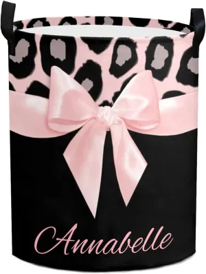 Pink Leopard Bow Personalized Waterproof Foldable Laundry Basket Bag with Handle, Custom Collapsible Clothes Hamper Storage Bin for Toys Laundry Dorm Travel Bathroom