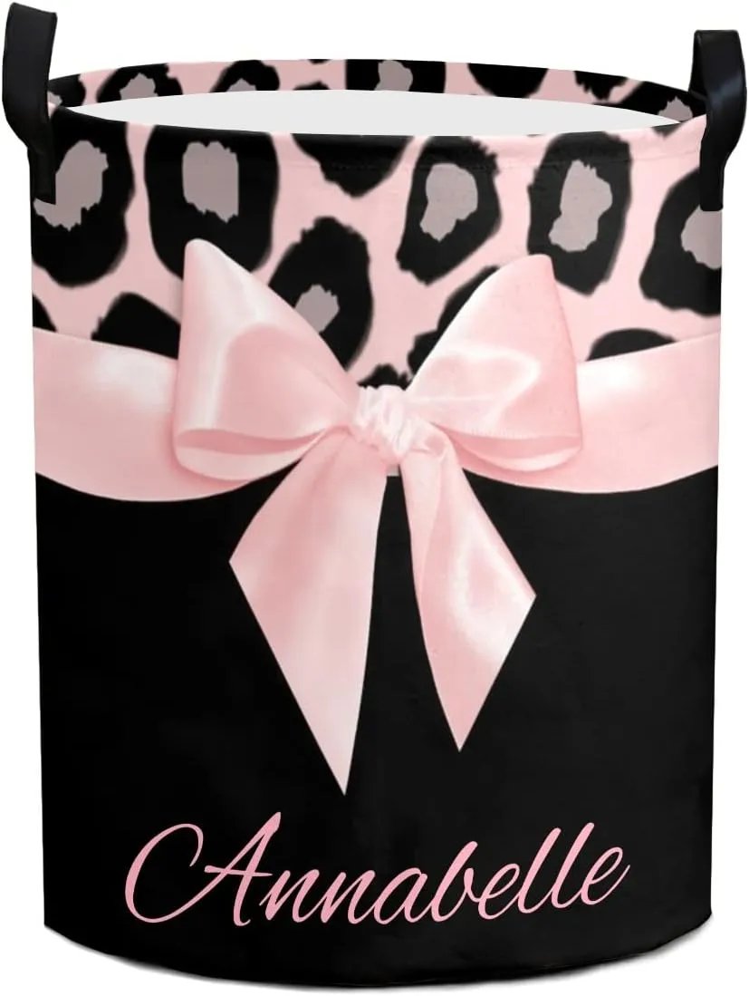 Pink Leopard Bow Personalized Waterproof Foldable Laundry Basket Bag with Handle, Custom Collapsible Clothes Hamper Storage Bin for Toys Laundry Dorm Travel Bathroom