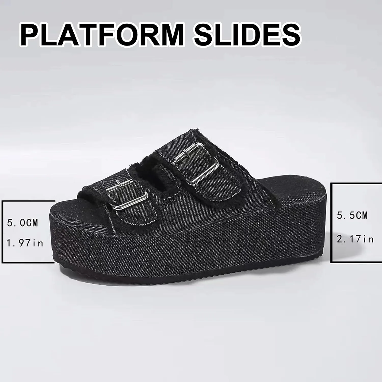 Platform Sandals Women Double Buckle Denim Flatform Cloud Slides Comfy Pillow Slipper Summer Home Outdoor Pool Shoes