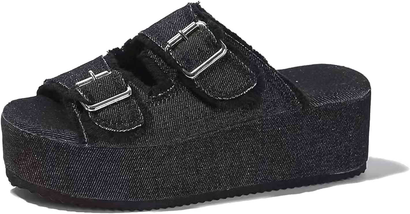 Platform Sandals Women Double Buckle Denim Flatform Cloud Slides Comfy Pillow Slipper Summer Home Outdoor Pool Shoes