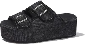 Platform Sandals Women Double Buckle Denim Flatform Cloud Slides Comfy Pillow Slipper Summer Home Outdoor Pool Shoes