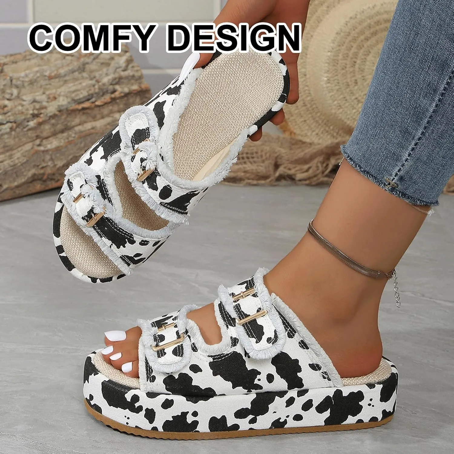 Platform Sandals Women Double Buckle Denim Flatform Cloud Slides Comfy Pillow Slipper Summer Home Outdoor Pool Shoes