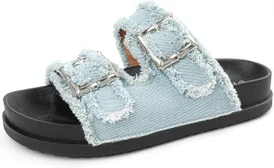 Platform Sandals Women,Womens Sandals-Studded Silde Sandals-Double Buckle Adjustable-Beach Sandals for Women-Flat Sandals Summer Vacation
