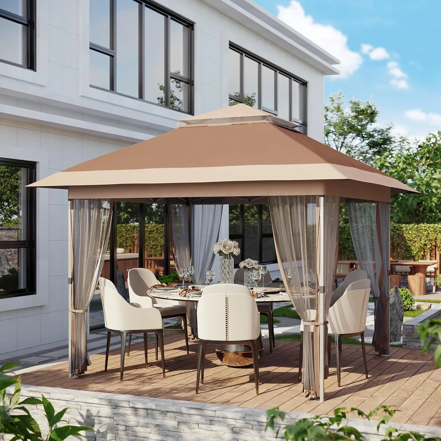Pop Up Gazebo, 12x12 Outdoor Canopy Tent with Mosquito Netting, Pop Up Canopy Tent with Curtains/Adjustable Height/Wheeled Carrying Bag for Patio Garden Backyard Lawn