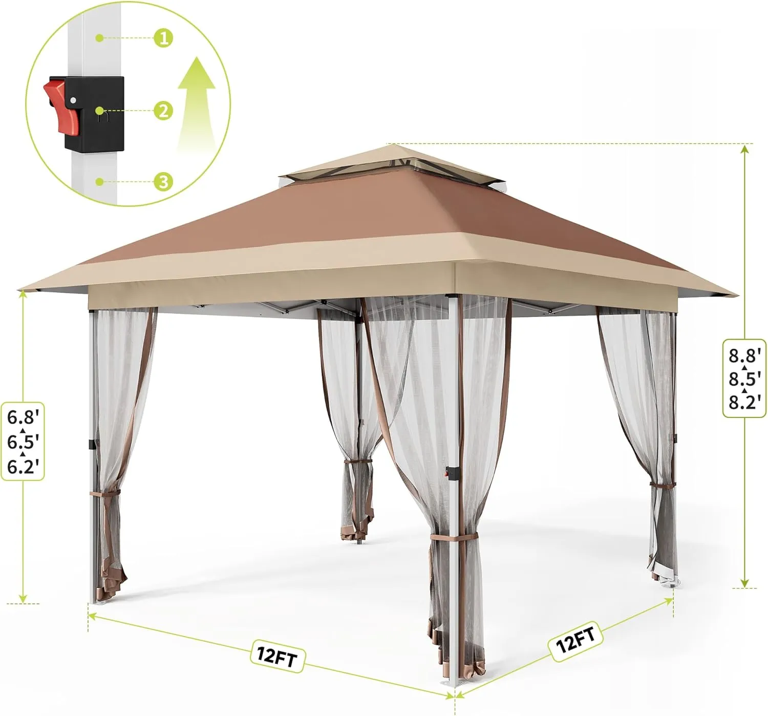 Pop Up Gazebo, 12x12 Outdoor Canopy Tent with Mosquito Netting, Pop Up Canopy Tent with Curtains/Adjustable Height/Wheeled Carrying Bag for Patio Garden Backyard Lawn