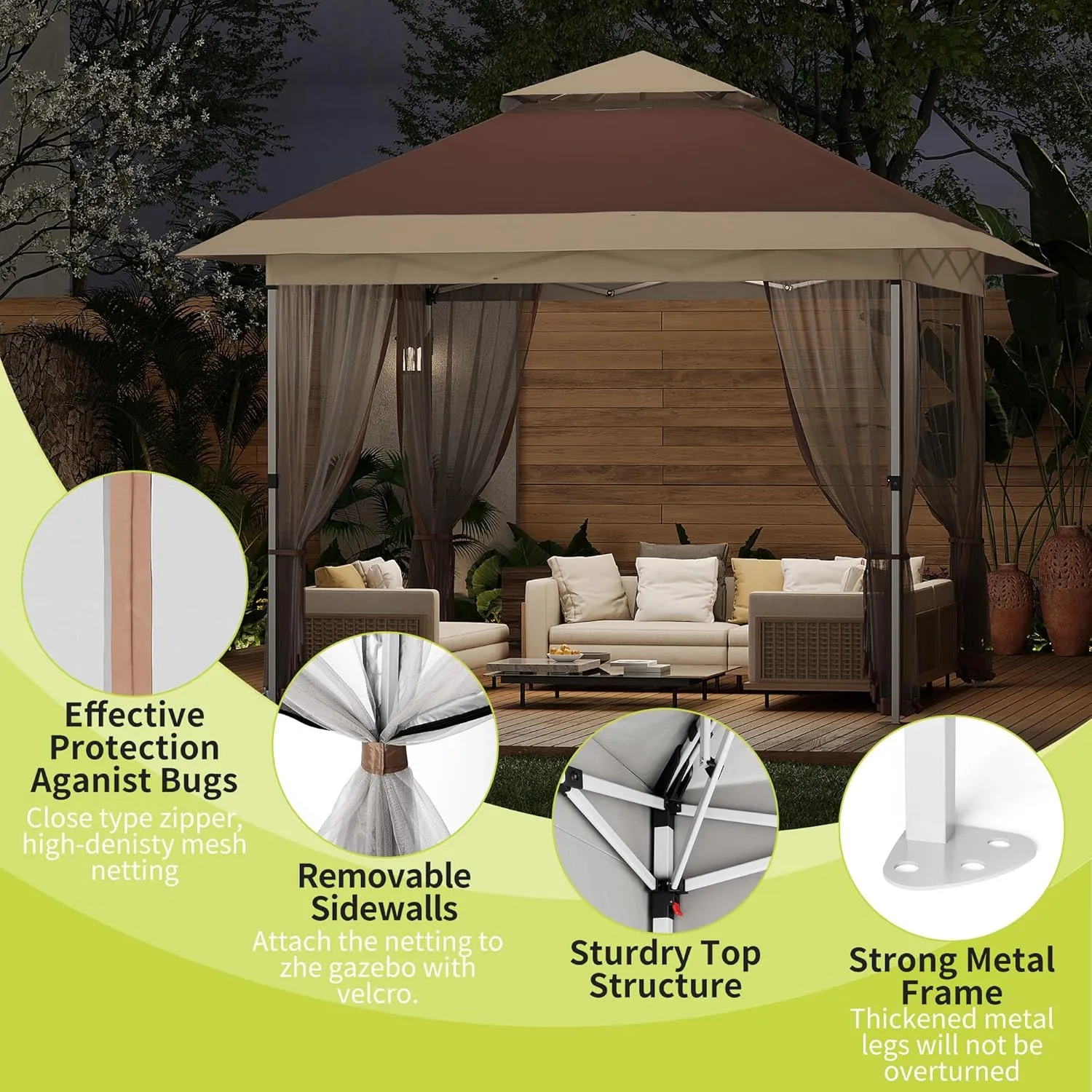 Pop Up Gazebo, 12x12 Outdoor Canopy Tent with Mosquito Netting, Pop Up Canopy Tent with Curtains/Adjustable Height/Wheeled Carrying Bag for Patio Garden Backyard Lawn