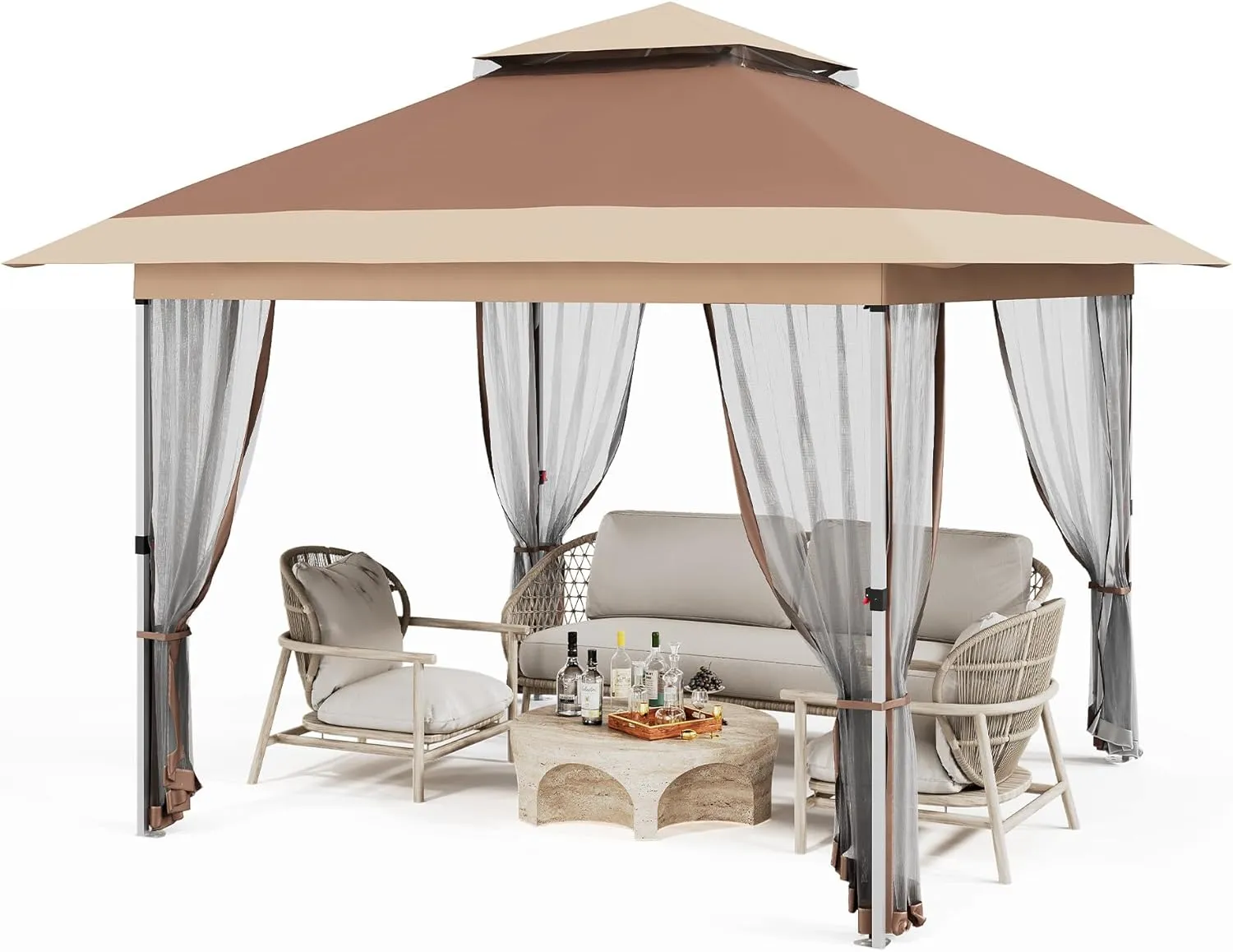 Pop Up Gazebo, 12x12 Outdoor Canopy Tent with Mosquito Netting, Pop Up Canopy Tent with Curtains/Adjustable Height/Wheeled Carrying Bag for Patio Garden Backyard Lawn