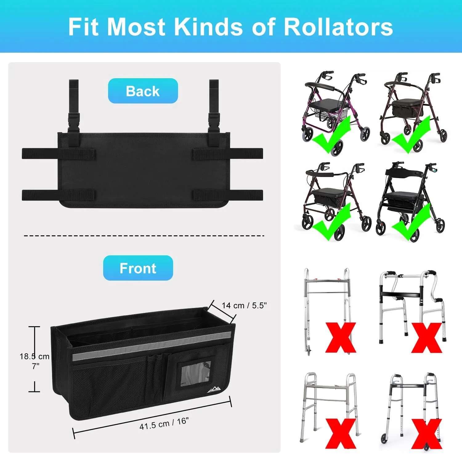 Rollator Basket, supregear Rollator Walker Bag w/Cup Holder, Foldable Rolling Walker Waterproof Storage Pouch with Big Capacity & Never Tipping Over, Easy to Use Rollator Accessories for Seniors