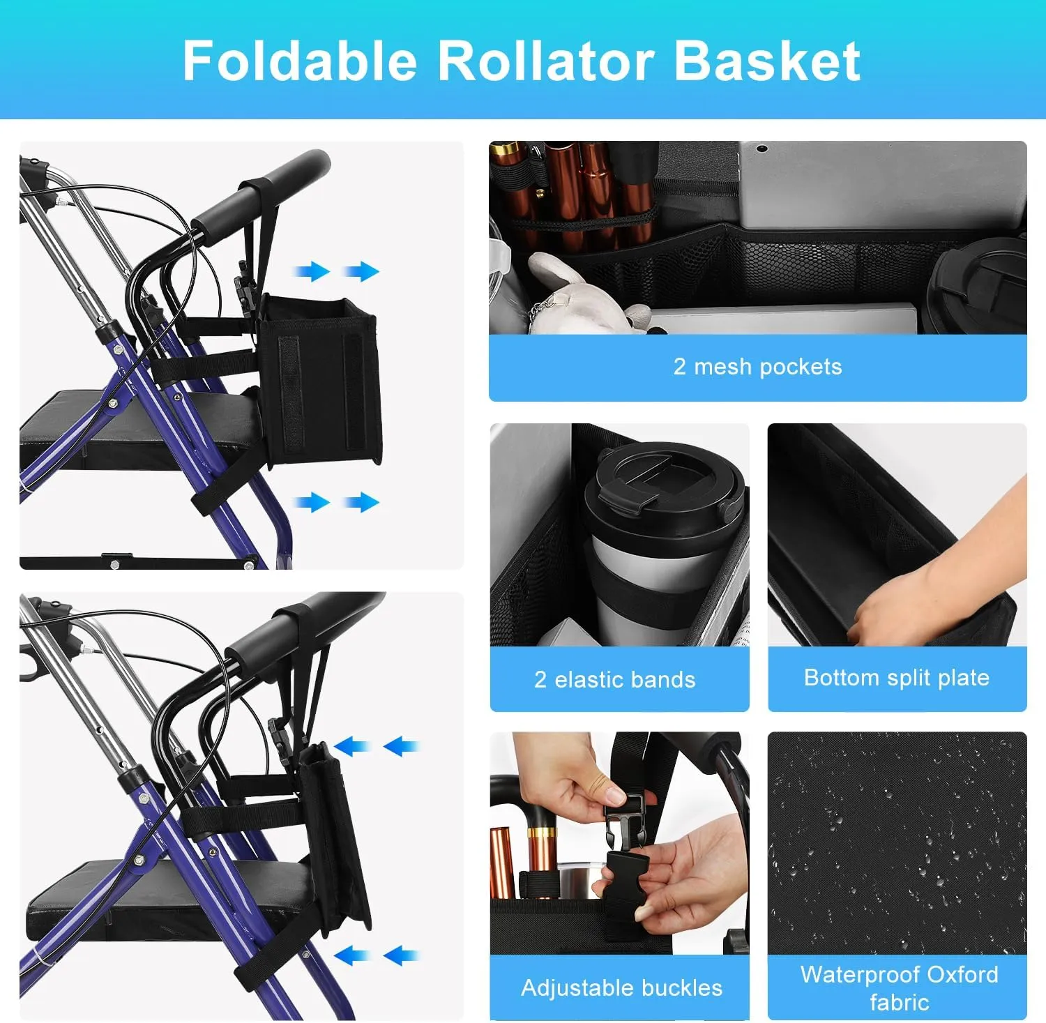 Rollator Basket, supregear Rollator Walker Bag w/Cup Holder, Foldable Rolling Walker Waterproof Storage Pouch with Big Capacity & Never Tipping Over, Easy to Use Rollator Accessories for Seniors