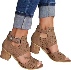 Sandalias para Mujer, Sandals for Women Suede Peep Toe Ankle Booties Cut Out Stacked Heel Ankle Boots