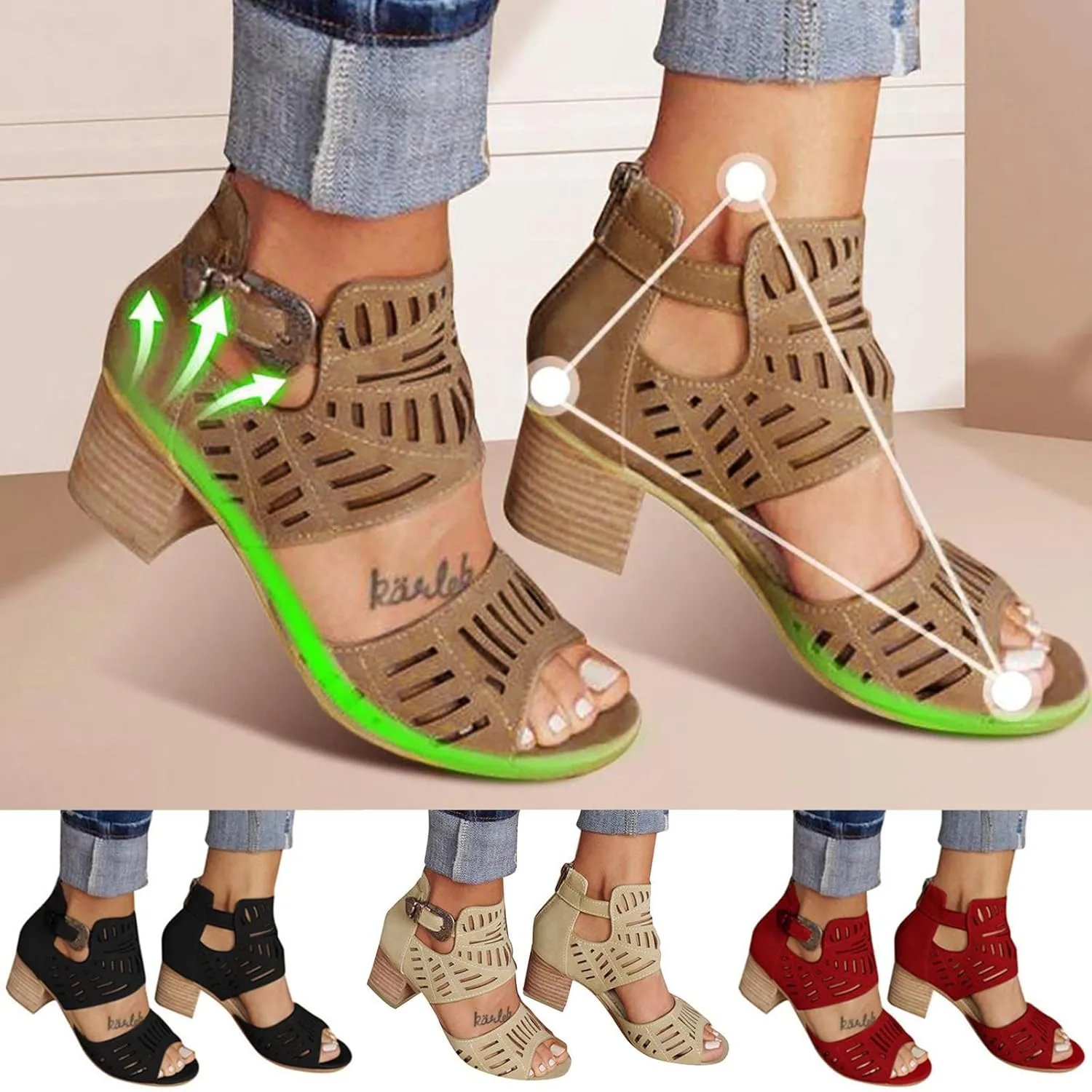 Sandalias para Mujer, Sandals for Women Suede Peep Toe Ankle Booties Cut Out Stacked Heel Ankle Boots