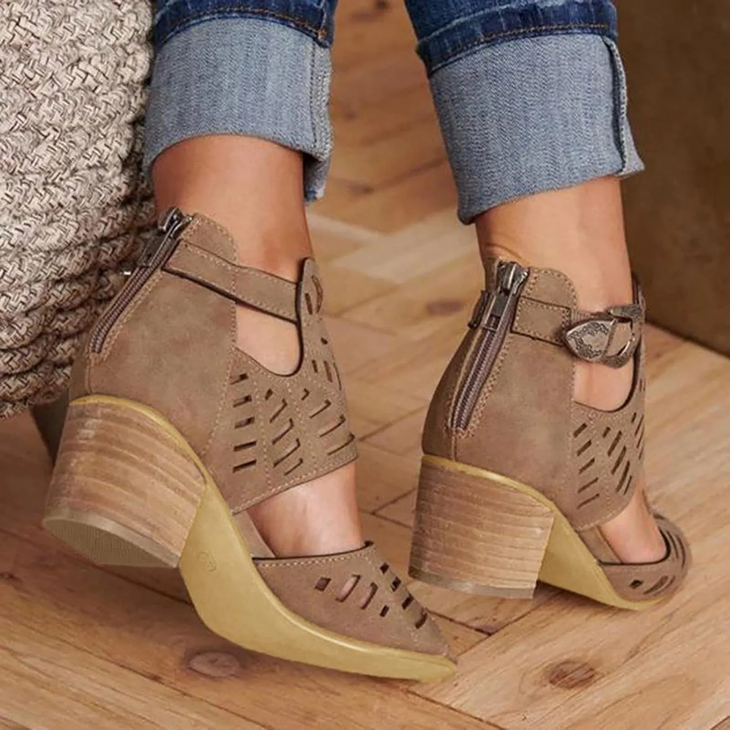 Sandalias para Mujer, Sandals for Women Suede Peep Toe Ankle Booties Cut Out Stacked Heel Ankle Boots