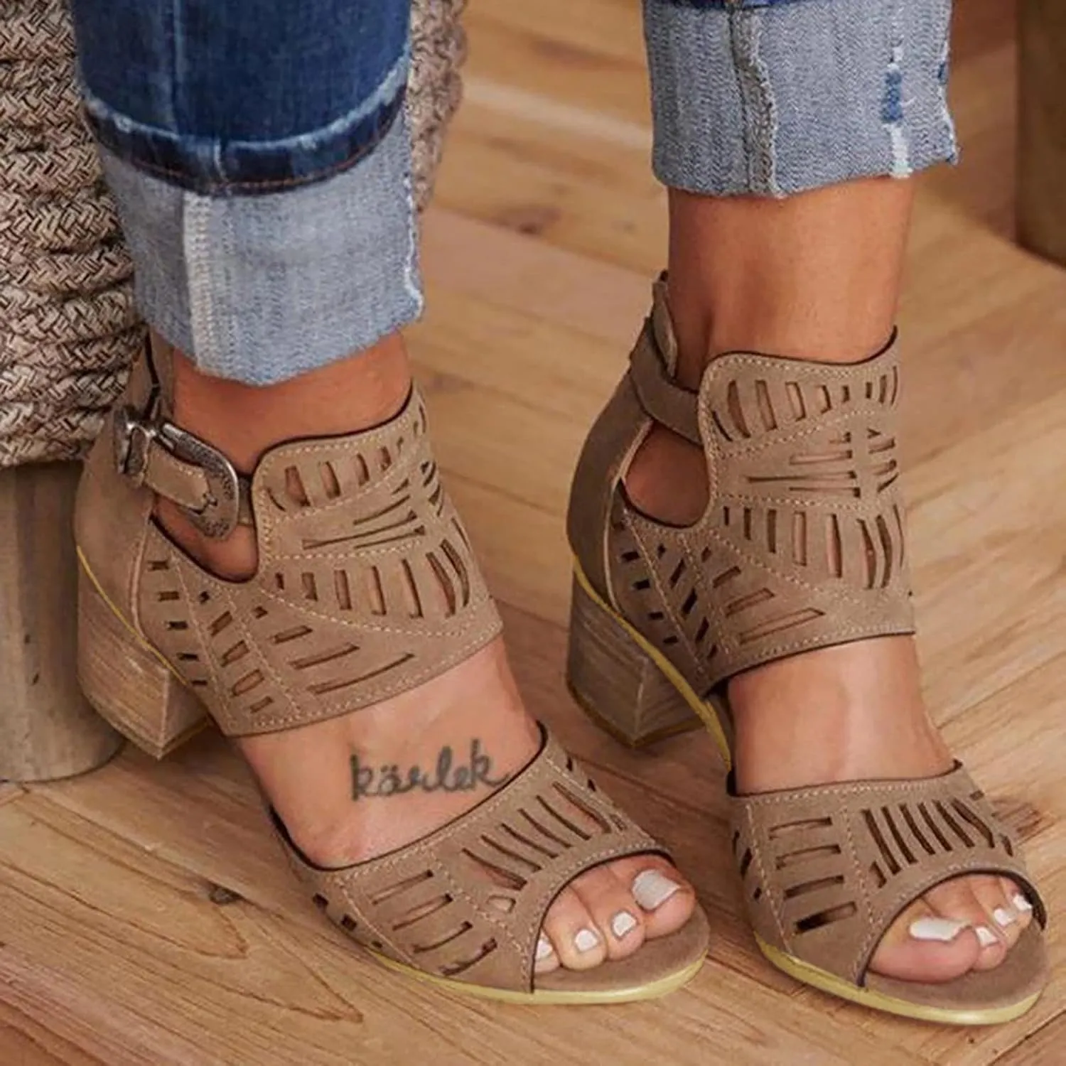 Sandalias para Mujer, Sandals for Women Suede Peep Toe Ankle Booties Cut Out Stacked Heel Ankle Boots