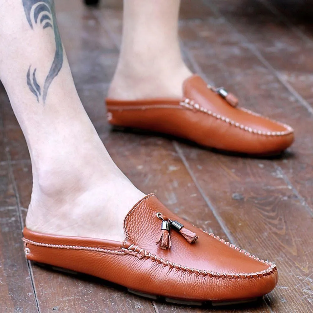Santimon Men's Slippers Mules Clogs Tassel Leather Comfortable Slip on Shoes Casual Loafters