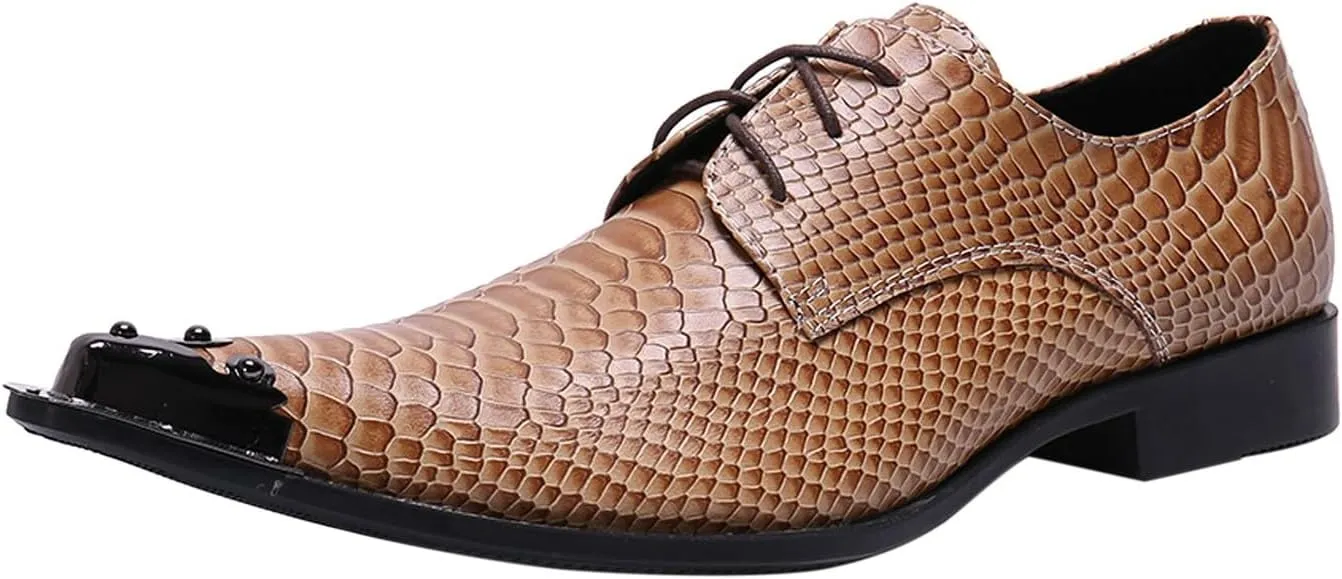 Santimon Mens Western Pointed Toe Leather Lace Up Dress Shoes Fashion Metal Tip Oxford