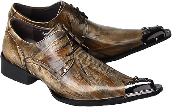 Santimon Mens Western Pointed Toe Leather Lace Up Dress Shoes Fashion Metal Tip Oxford