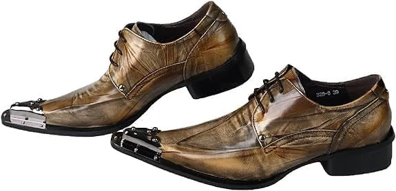 Santimon Mens Western Pointed Toe Leather Lace Up Dress Shoes Fashion Metal Tip Oxford