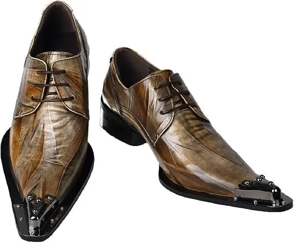 Santimon Mens Western Pointed Toe Leather Lace Up Dress Shoes Fashion Metal Tip Oxford