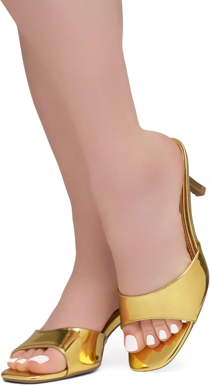 Shoe Land Deverena Women's Low Heels Stiletto Heeled Slides, Open Toe One Band Slip-On Heeled Mules – Dressy Heeled Sandals for Prom, Party, Wedding, and Vacation