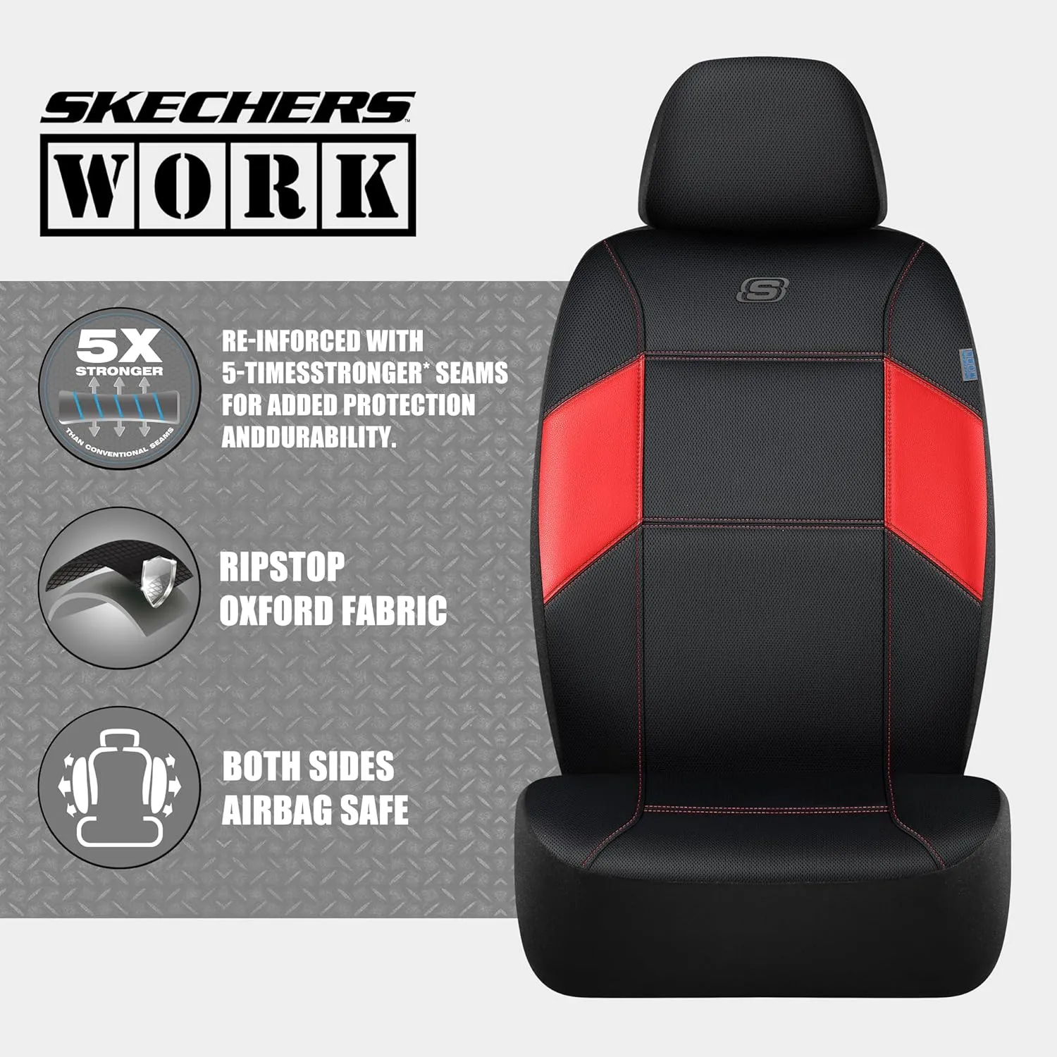Skechers Work Car Seat Covers, Leather Seat Covers, 5-Times Stronger Built-in Webbing, Mesh Fabric Seat Cover for Cars, Airbag Compatible, Automotive Comfort for Cars, Trucks, SUVs (Red,Two Front)