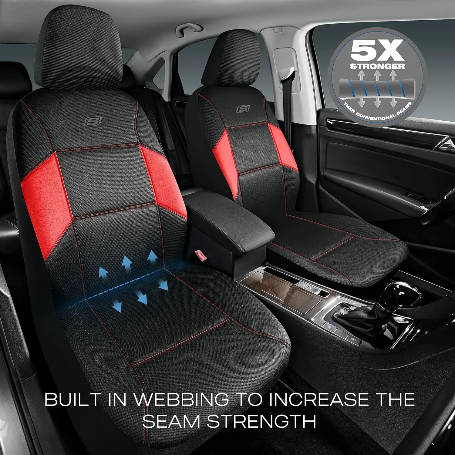 Skechers Work Car Seat Covers, Leather Seat Covers, 5-Times Stronger Built-in Webbing, Mesh Fabric Seat Cover for Cars, Airbag Compatible, Automotive Comfort for Cars, Trucks, SUVs (Red,Two Front)