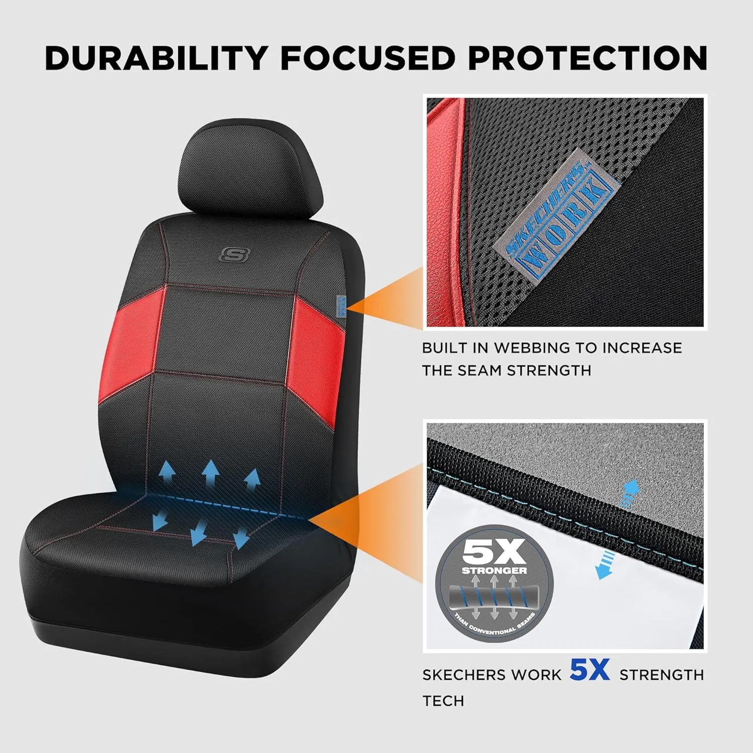 Skechers Work Car Seat Covers, Leather Seat Covers, 5-Times Stronger Built-in Webbing, Mesh Fabric Seat Cover for Cars, Airbag Compatible, Automotive Comfort for Cars, Trucks, SUVs (Red,Two Front)