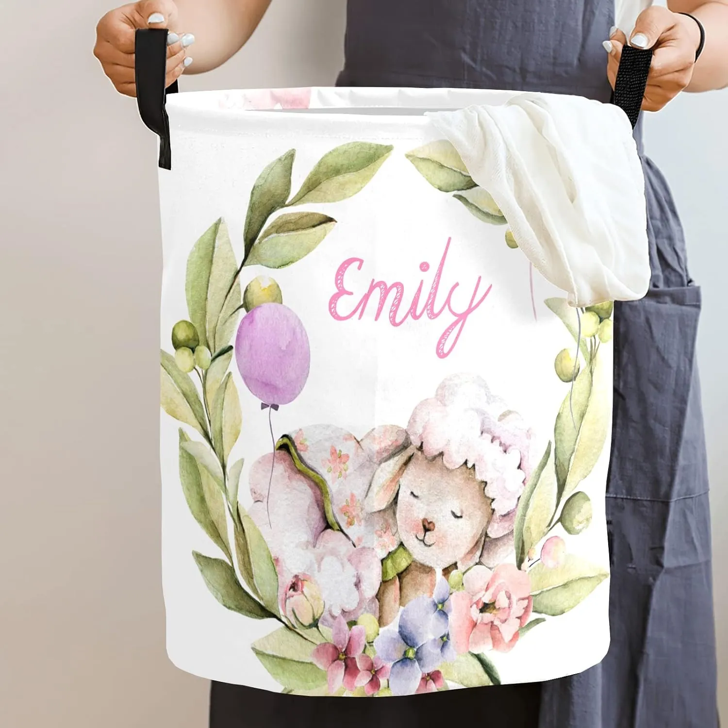 Sleeping Sheep Personalized Waterproof Foldable Laundry Basket Bag with Handle, Custom Collapsible Clothes Hamper Storage Bin for Toys Laundry Dorm Travel Bathroom