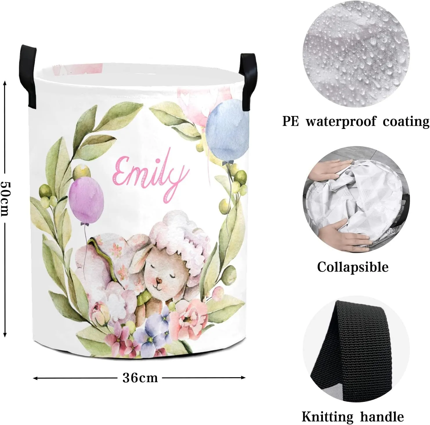 Sleeping Sheep Personalized Waterproof Foldable Laundry Basket Bag with Handle, Custom Collapsible Clothes Hamper Storage Bin for Toys Laundry Dorm Travel Bathroom