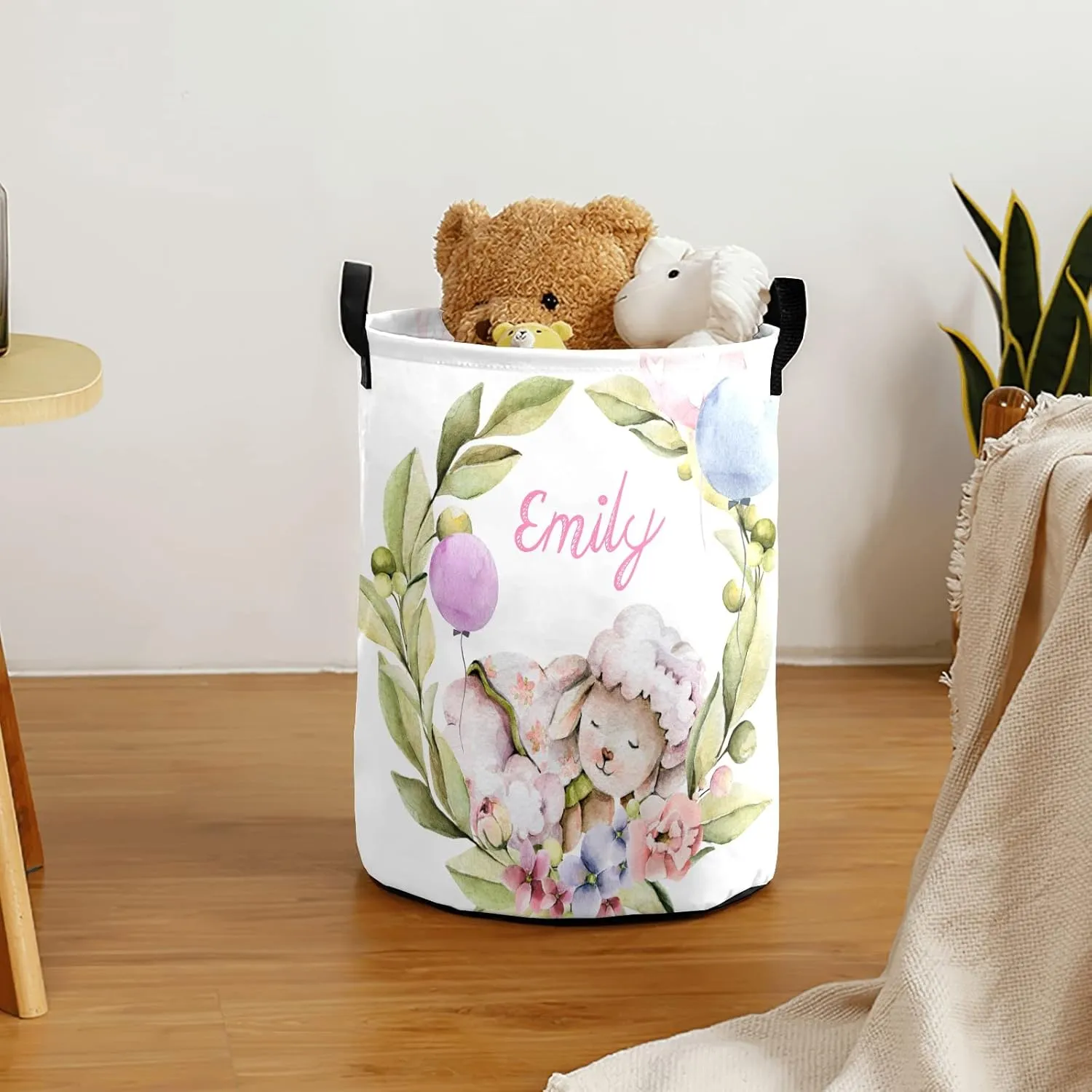 Sleeping Sheep Personalized Waterproof Foldable Laundry Basket Bag with Handle, Custom Collapsible Clothes Hamper Storage Bin for Toys Laundry Dorm Travel Bathroom