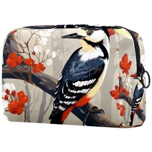 Small Makeup Bag Pouch for Purse, Travel Cosmetic Bag, Portable Toiletry Bag for Women Girls Gifts - Woodpecker Bird on Red Berries Branch