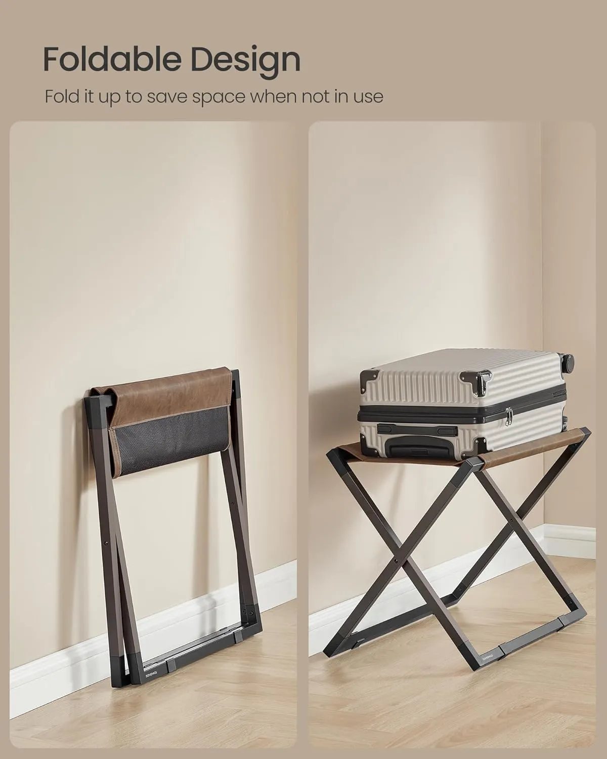 SONGMICS Luggage Rack, Foldable Suitcase Stand, Metal Luggage Holder, Synthetic Leather, Easy to Assemble, for Guest Room, Hotel, Bedroom, Walnut Brown and Ink Black URLR009K01