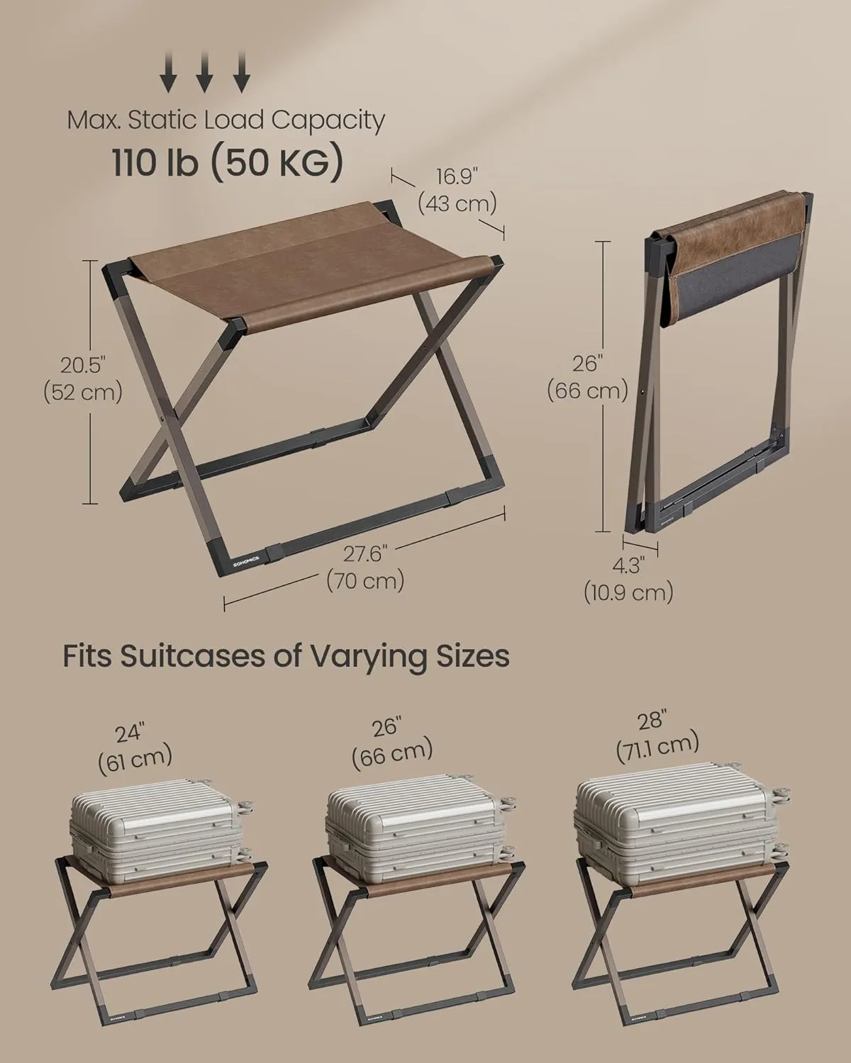 SONGMICS Luggage Rack, Foldable Suitcase Stand, Metal Luggage Holder, Synthetic Leather, Easy to Assemble, for Guest Room, Hotel, Bedroom, Walnut Brown and Ink Black URLR009K01