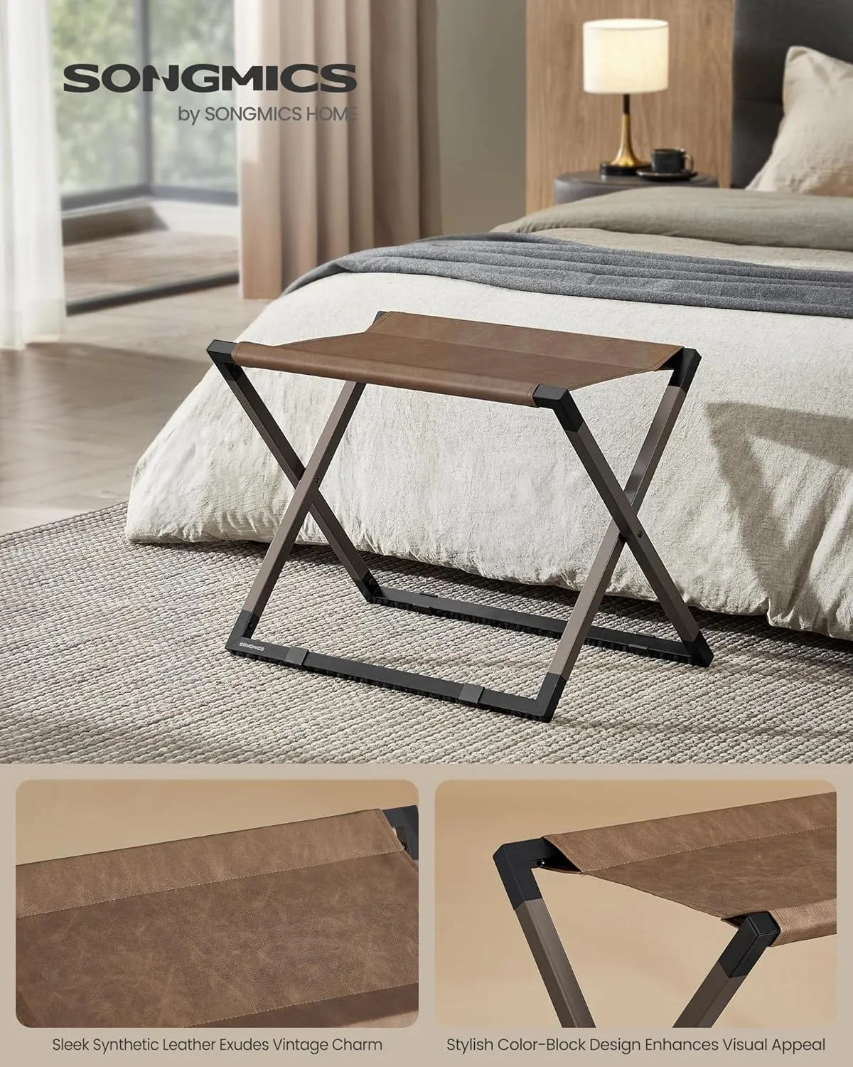 SONGMICS Luggage Rack, Foldable Suitcase Stand, Metal Luggage Holder, Synthetic Leather, Easy to Assemble, for Guest Room, Hotel, Bedroom, Walnut Brown and Ink Black URLR009K01