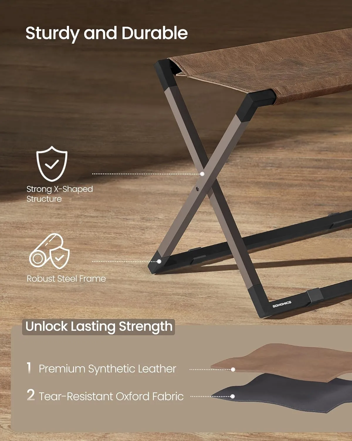 SONGMICS Luggage Rack, Foldable Suitcase Stand, Metal Luggage Holder, Synthetic Leather, Easy to Assemble, for Guest Room, Hotel, Bedroom, Walnut Brown and Ink Black URLR009K01