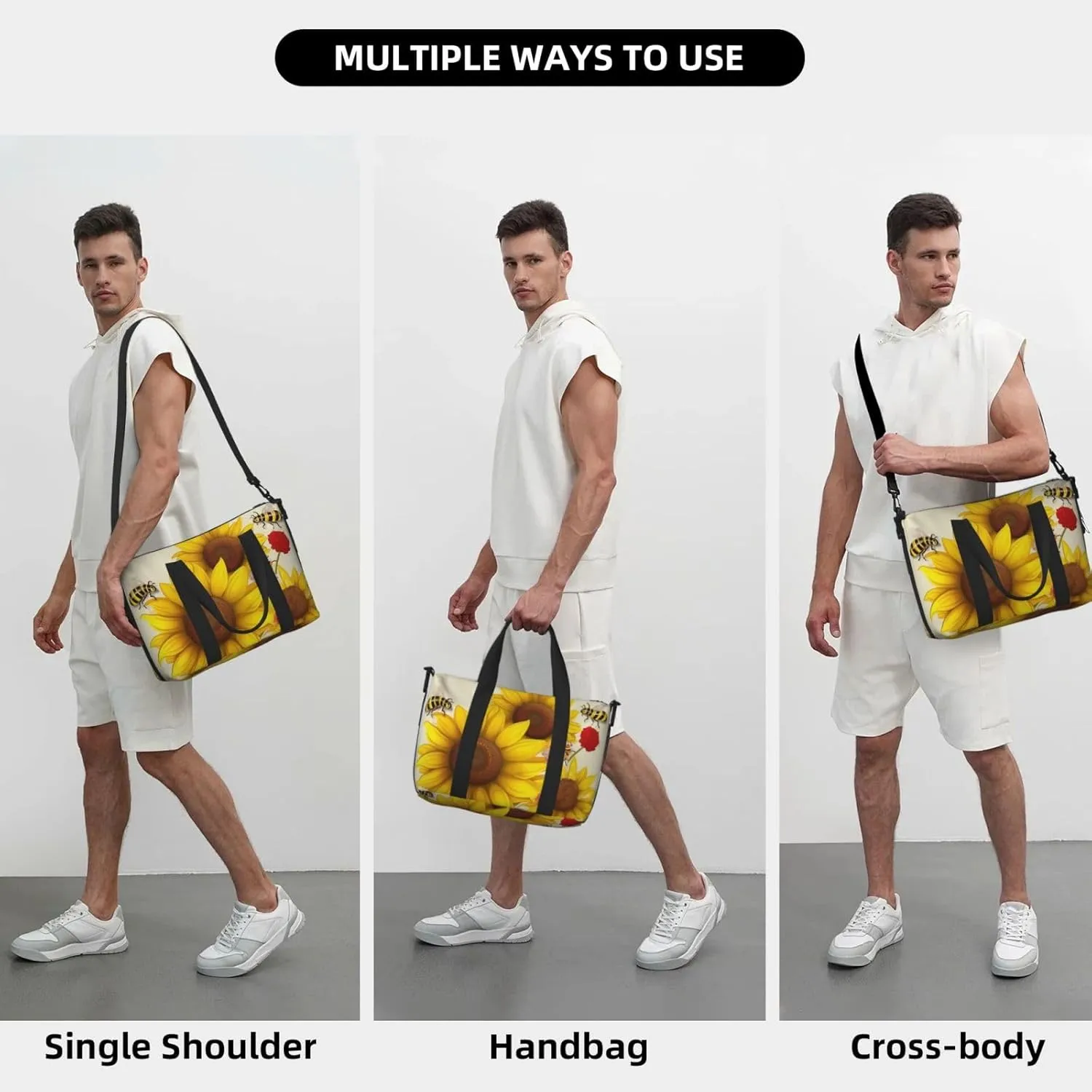 Sports Gym Bag for Women Men Travel Duffel Bag Tote Bees Sunflowers Daisy Rose Flowers Weekender Bag Canvas Carry on Overnight Bag for Travel Swimming Fitness Workout Sports Duffle Bag