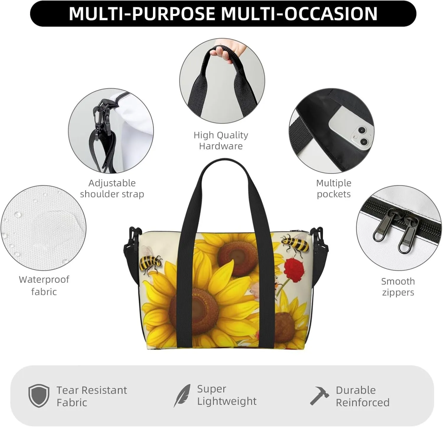 Sports Gym Bag for Women Men Travel Duffel Bag Tote Bees Sunflowers Daisy Rose Flowers Weekender Bag Canvas Carry on Overnight Bag for Travel Swimming Fitness Workout Sports Duffle Bag