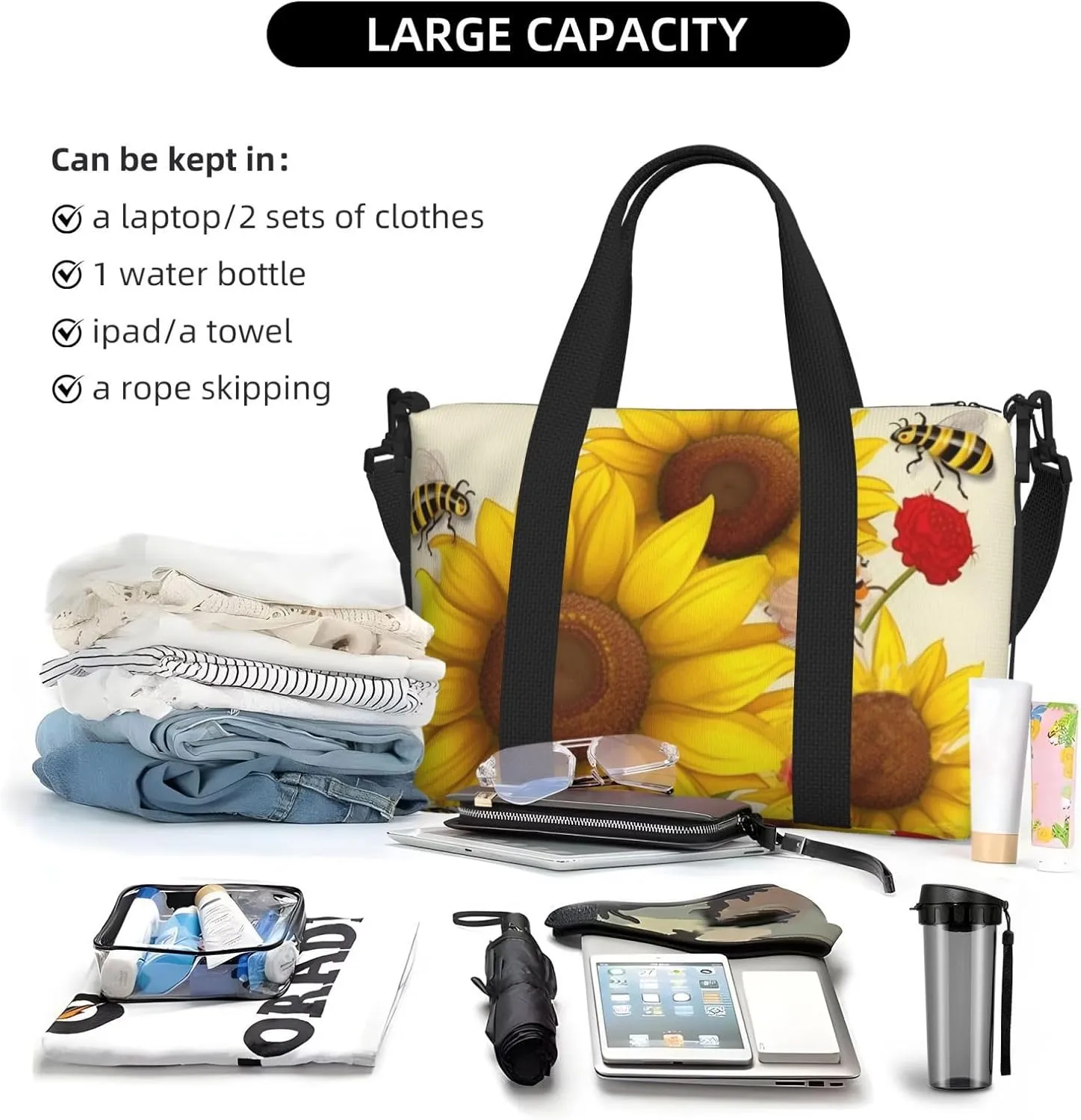 Sports Gym Bag for Women Men Travel Duffel Bag Tote Bees Sunflowers Daisy Rose Flowers Weekender Bag Canvas Carry on Overnight Bag for Travel Swimming Fitness Workout Sports Duffle Bag