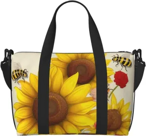Sports Gym Bag for Women Men Travel Duffel Bag Tote Bees Sunflowers Daisy Rose Flowers Weekender Bag Canvas Carry on Overnight Bag for Travel Swimming Fitness Workout Sports Duffle Bag
