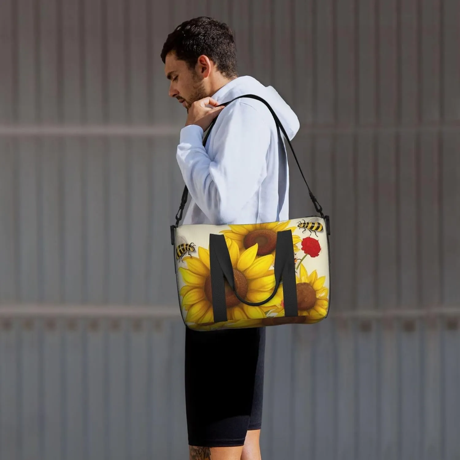 Sports Gym Bag for Women Men Travel Duffel Bag Tote Bees Sunflowers Daisy Rose Flowers Weekender Bag Canvas Carry on Overnight Bag for Travel Swimming Fitness Workout Sports Duffle Bag