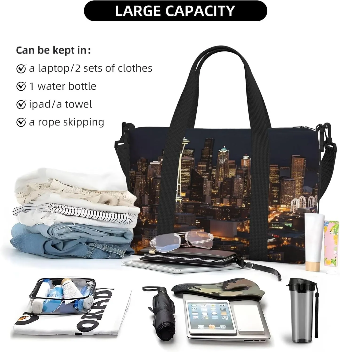Sports Gym Bag for Women Men Travel Duffel Bag Tote City Seattle Weekender Bag Canvas Carry on Overnight Bag for Travel Swimming Fitness Workout Sports Duffle Bag