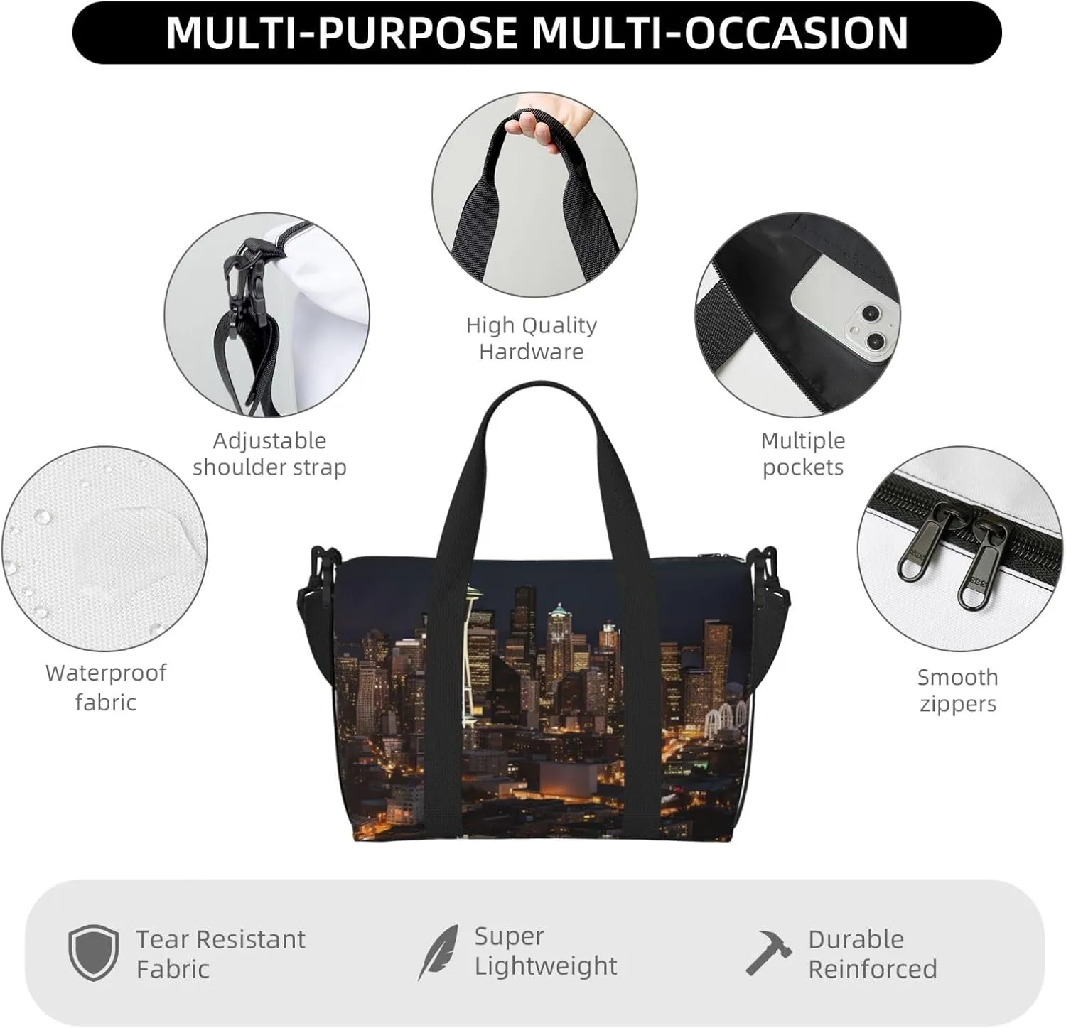 Sports Gym Bag for Women Men Travel Duffel Bag Tote City Seattle Weekender Bag Canvas Carry on Overnight Bag for Travel Swimming Fitness Workout Sports Duffle Bag