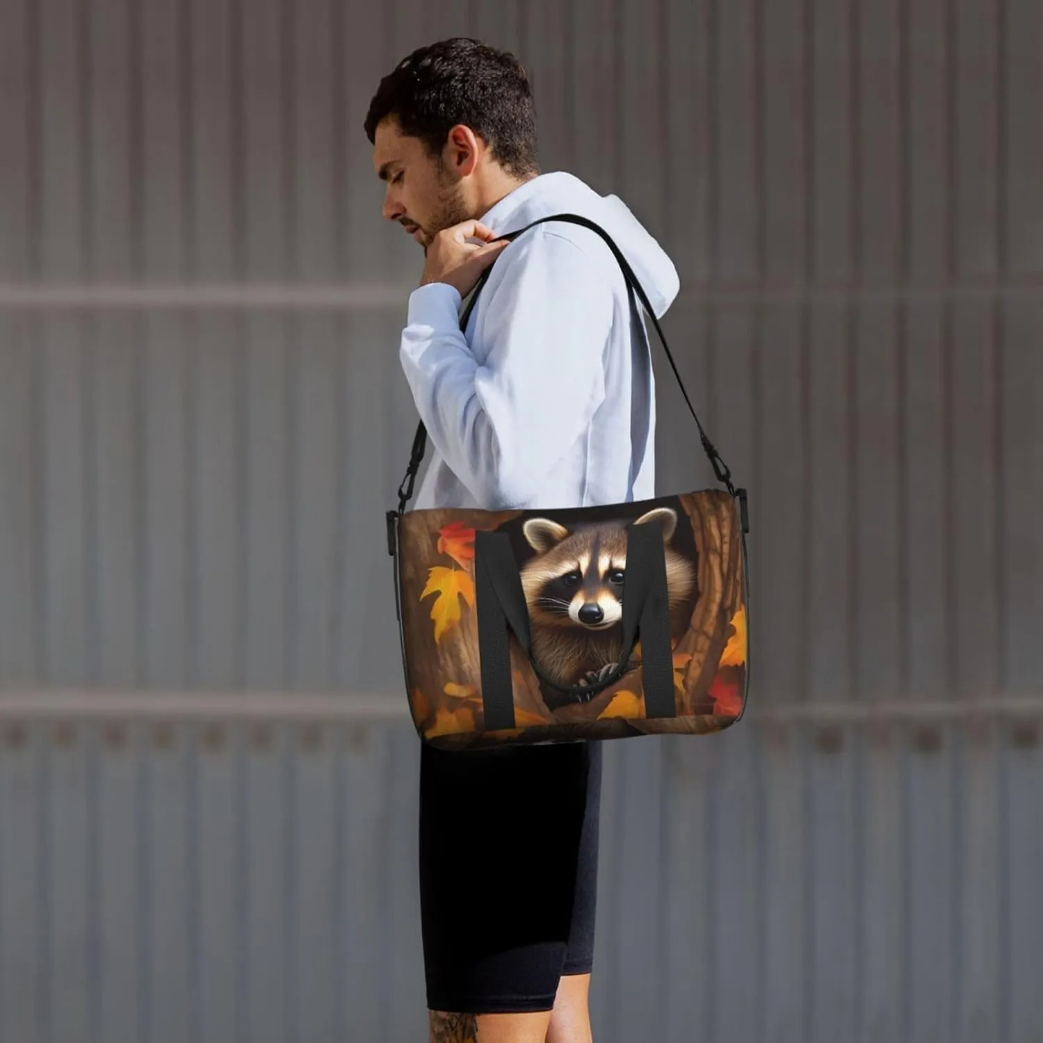Sports Gym Bag for Women Men Travel Duffel Bag Tote Raccoon in The Fall Tree Hole Weekender Bag Canvas Carry on Overnight Bag for Travel Swimming Fitness Workout Sports Duffle Bag