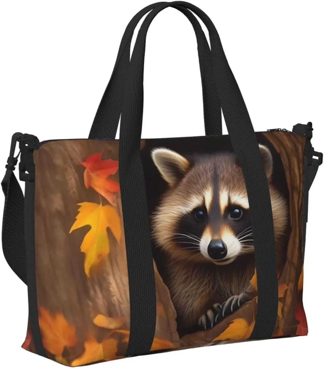 Sports Gym Bag for Women Men Travel Duffel Bag Tote Raccoon in The Fall Tree Hole Weekender Bag Canvas Carry on Overnight Bag for Travel Swimming Fitness Workout Sports Duffle Bag