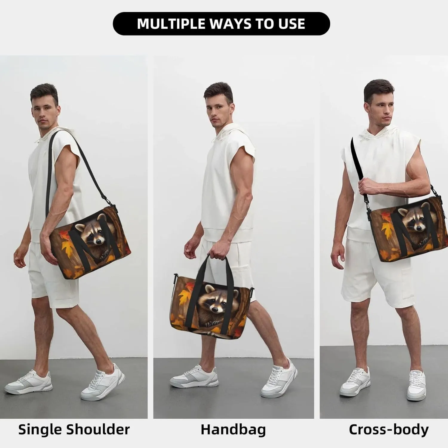 Sports Gym Bag for Women Men Travel Duffel Bag Tote Raccoon in The Fall Tree Hole Weekender Bag Canvas Carry on Overnight Bag for Travel Swimming Fitness Workout Sports Duffle Bag